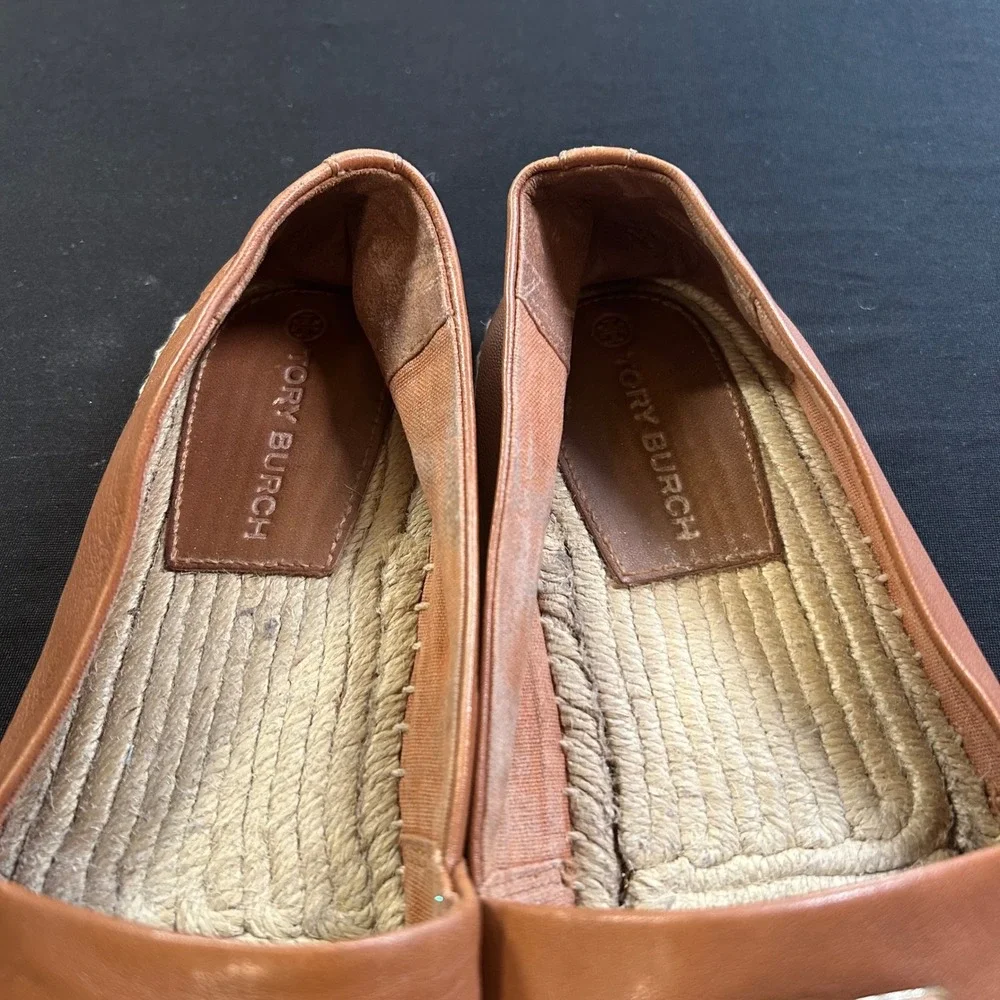 Tory Burch Women's Cognac Brown leather‎ jute espadrille flats logo